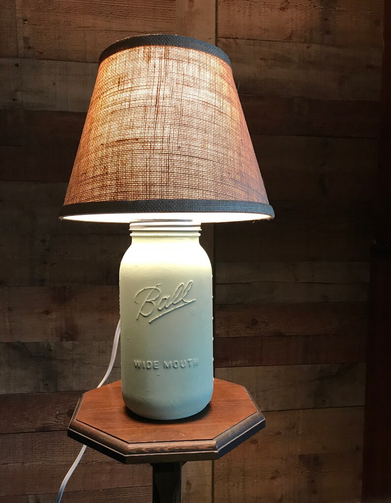 Rustic Mason Jar Lamp Green Burlap Table Home Decor Desk Accent Distressed Farmhouse Gift Dorm Office