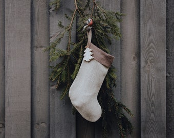 Linen Christmas Stocking, Christmas Fireplace Stocking, Rustic Gift Stockings,