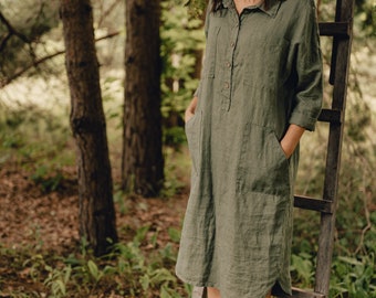 Midi linen dress / Loose linen dress for women / Knee length dress / Washed and soft linen dress