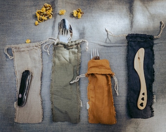 Linen Cutlery Pouch: Reusable Travel Picnic Utensil Holder