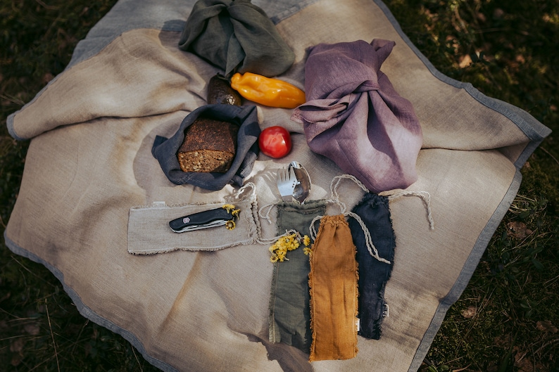 Linen Bento bag, Origami bag, Natural pure linen bread loaf bag, organic food storage, linen picnic bag image 7