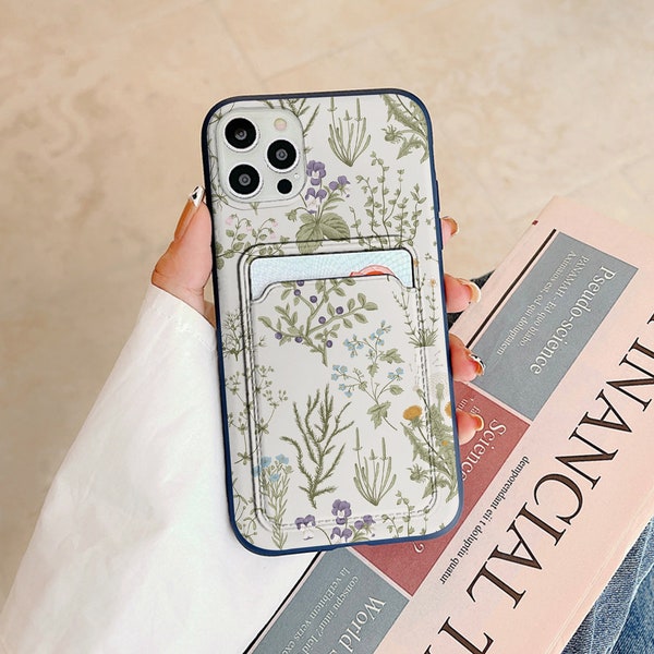 Floral card pocket case for iPhone 14 15 Pro max 13 12 mini iPhone 11 gift iPhone XR XS Max iPhone X botanical 8 Plus iPhone SE 2022 in06