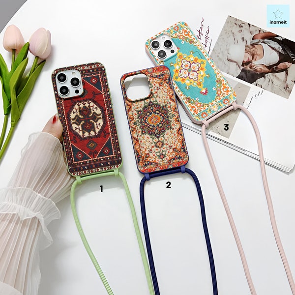 Oriental carpet lanyard card pocket case for iPhone 15 pro max iPhone 14 plus iPhone 13 iPhone 12 iPhone 11 iPhone XR iPhone 8 SE 2020 in522