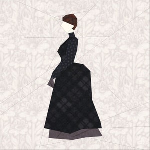 May include: A paper craft of a woman wearing a black dress with a white background.