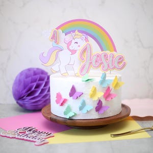Unicorn Cake Topper with Rainbow – Personalized Name – Pastel Birthday Party Decor – Girl First Birthday Cake Decoration