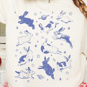 Celestial Bunny T-shirt, Vintage Tattoo Top, Rabbit Graphic Tee for Men Women, Cottagecore Animal Shirt, Nature Gift for Her Him