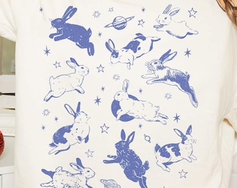 Celestial Bunny T-shirt, Vintage Tattoo Top, Rabbit Graphic Tee for Men Women, Cottagecore Animal Shirt, Nature Gift for Her Him