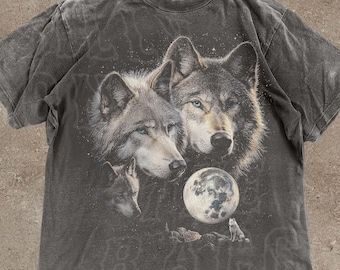 Three Wolf Moon Shirt, 90s Retro Wildlife Shirt, Celestial Wolf Top, Spirit Animal Nature Tee, Mystical Wolf Unisex Clothing Gift