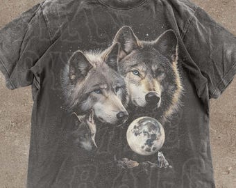 Three Wolf Moon Shirt, 90s Retro Wildlife Shirt, Celestial Wolf Top, Spirit Animal Nature Tee, Mystical Wolf Unisex Clothing Gift