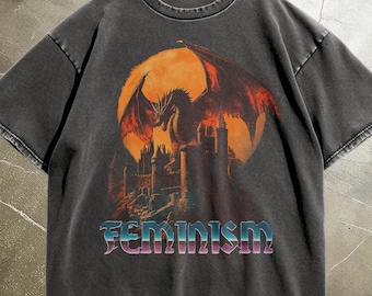 Feminism Dragon Graphic T-Shirt - Gothic Fantasy Dragon Castle Tee - Feminist Dark Fantasy Tee - Vintage Feminism Graphic Tee