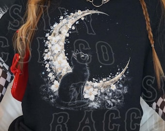 Camiseta de gato celestial, camiseta vintage de bruja, camiseta de gato negro con luna, ropa cottagecore, regalo para amantes de los gatos, estética de la Academia oscura
