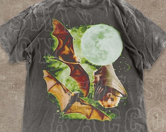 Vintage Bat Shirt, Retro Moon and Bat Graphic Tee, Dark Grunge Style