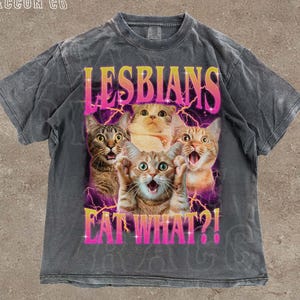 Funny Lesbian Cat T-Shirt | Lesbians Eat What? Meme Tee | Ironic LGBTQ Kitty T-Shirt  | Queer Humor | Retro 90s Tee | Gay Cat Mom Gift