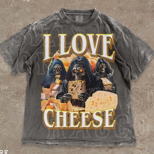 Skeleton Käse Seltsames Shirt, lustiges gotisches Grafik-T-Shirt, ich liebe Käse Meme T-Shirt, Vintage Foodie Gen z Geschenk, verfluchtes Shirt für Männer Frauen