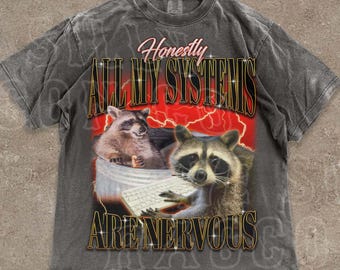 Camiseta retro de meme de mapache de los 90 / Honestamente, todos mis sistemas están nerviosos / Camiseta para la ansiedad / Regalo de salud mental / Camiseta para introvertidos / Regalo de autocuidado