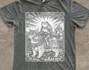 Funny Frog and Cat Shirt, Vintage Dark Academia Graphic Tee, Fantasy Knight T-shirt, Retro Goblincore Clothing Gift for Her Him