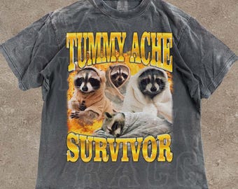 Tummy Ache Survivor Shirt, Funny Raccoon Meme Tee, Vintage Y2K Graphic T-Shirt for Men Women, Gag Gift for Friend with Stomach Issues