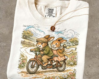 Vintage Rabbit Bicycle Tee Cottagecore Bunny Shirt Whimsical Storybook Animal Gift Cute Nature Lover Tee for Men Women