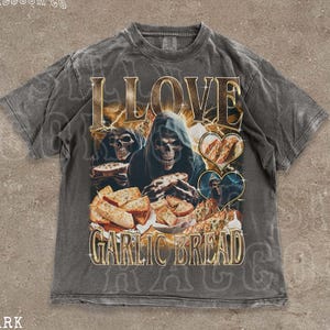 Gothic Knoblauchbrot Retro T-Shirt | Skeleton Food Lover Tee | Sensenmann Schwarzer Humor | Kulinarisches Meme Shirt | Vintage Feinschmecker Geschenk