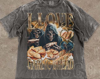 Gothic Garlic Bread Retro T-Shirt | Skeleton Food Lover Tee | Grim Reaper Dark humor | Culinary Meme Shirt | Vintage Foodie Gift