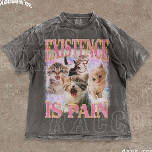 May include: Dark grey t-shirt with a distressed look, featuring a graphic of four cats and the text "EXISTENCE IS PAIN" in pink and gold. The shirt has a crew neck and short sleeves. The brand name "THE SILLY RACCOON CO" is printed at the top.