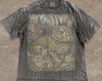 Vintage Kaninchen Shirt Cottagecore Bunny T-Shirt Forestcore Waldtier T-Shirt Natur-Liebhaber-Geschenk für ihren Komfort Farben Übergroßes Grafik-T-Stück