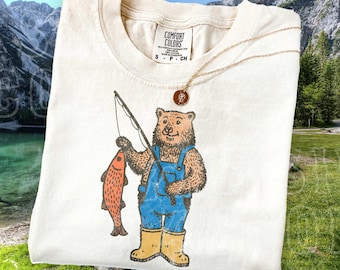 Fishing Shirt, Bear Graphic Tee for Men Women, Comfort Colors T-shirt, Outdoorsy Cabin Core Tee, Vintage Nature Lover Gift for Fisherman