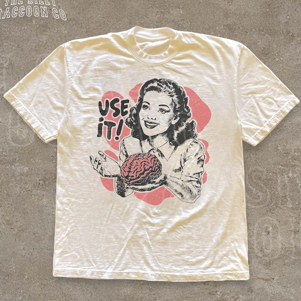 Sarkastisches Vintage-Unisex-Shirt, „Benutz dein Gehirn“-Ästhetik-T-Shirt, lustiges Retro-Shirt im 50er-Jahre-Stil, Parodie auf Werbung, sarkastisches Zitat, Geschenk für Denker