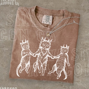 Occult Devil Cat Shirt for Men Women, Vintage Goblincore Linocut T-Shirt, Funny Alt Clothing, Indie Folk Art Graphic Top, Halloween Gift