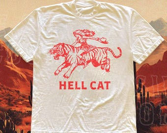 Camiseta vaquera vintage con gato del infierno - Camiseta vaquera retro estilo western - Camiseta estética - Camiseta de tigre - Camiseta divertida y moderna - Regalo para ella o para él