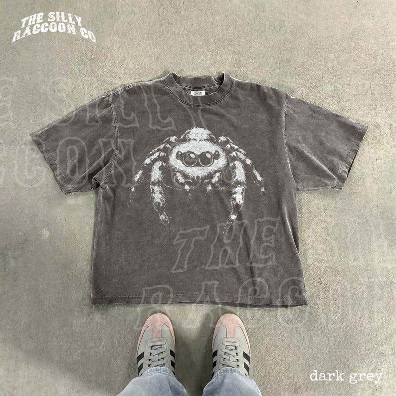 A pair of sneakers and a gray t-shirt with a spider design on it, laid out on a concrete floor.
