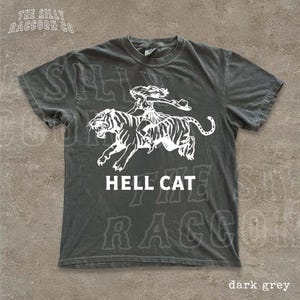 A grey t-shirt with a graphic design depicting a person riding a tiger.