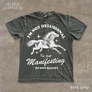 A gray t-shirt with a graphic design of a horse and the text "I'm not delusional, I'm just Manifesting my own reality" printed on it.