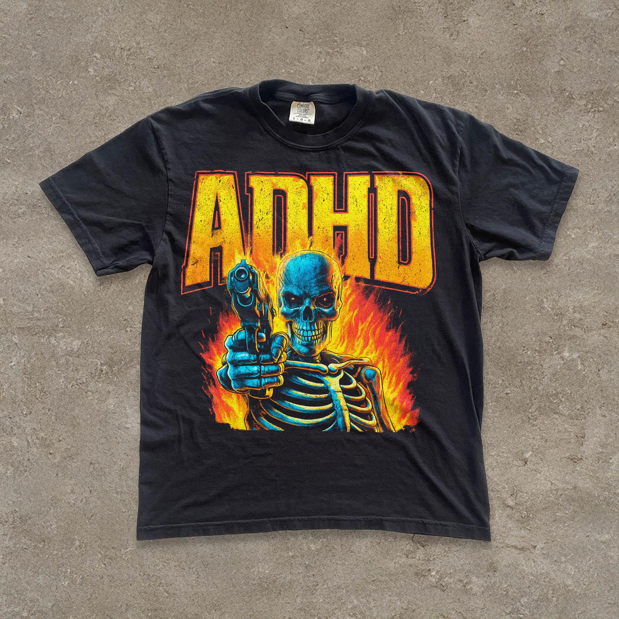 ADHD Oversized Shirt, Funny Meme Tee, Vintage Skeleton Graphic T