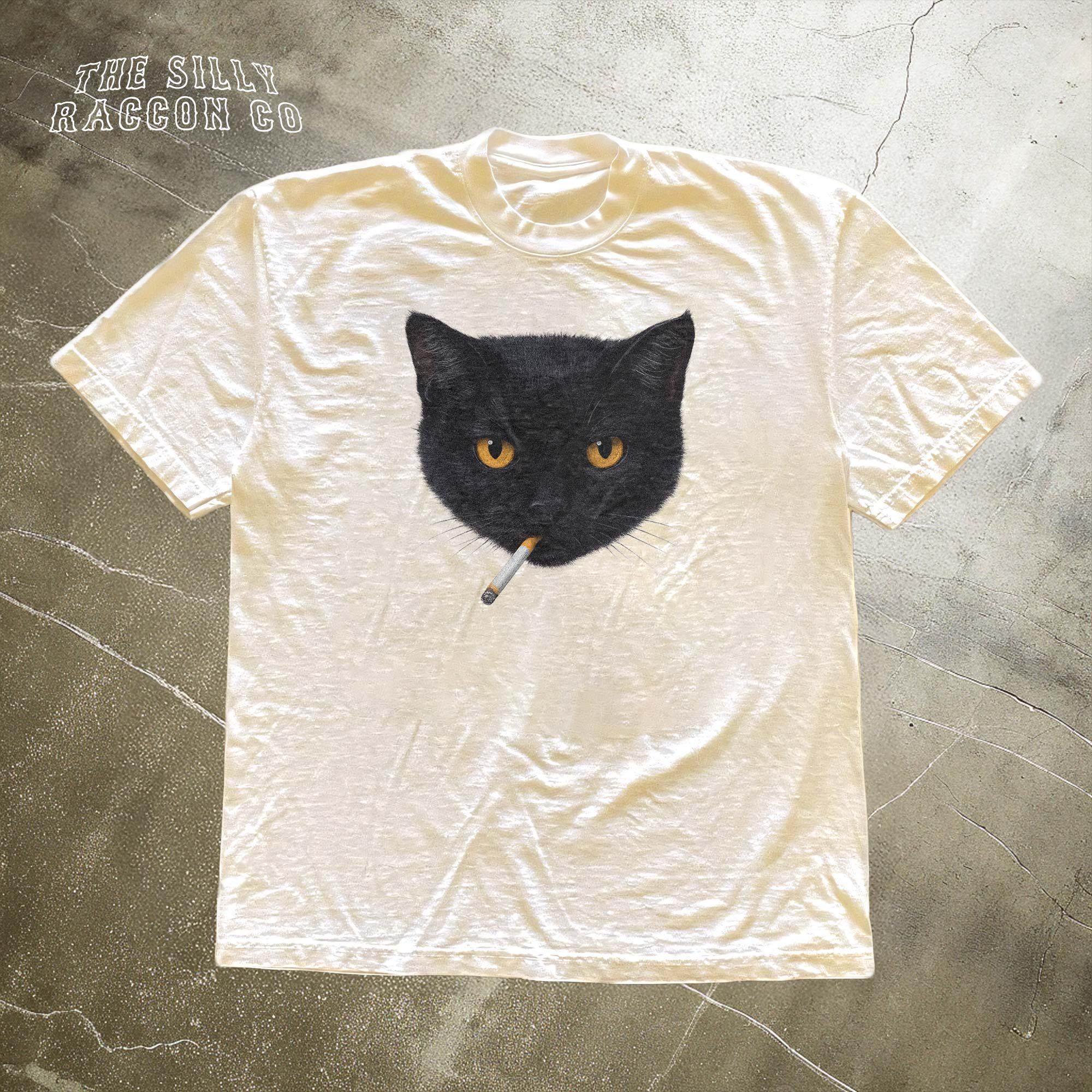 Smoking Cat Y2K Shirt, Vintage Black Cat Tee for Men Women, Edgy