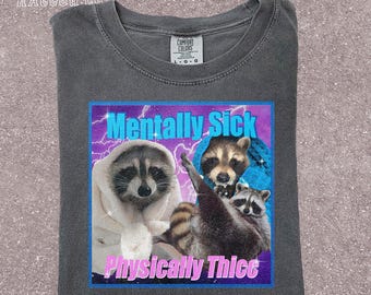Funny Raccoon Meme Shirt - Mentally Sick Physically Thicc -  Retro Vintage Animal Graphic Tee - Y2K Aesthetic - Trash Panda Humor Gift