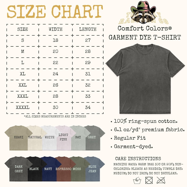 The image is a size chart for a garment dye t-shirt from the brand "TIGER RACING CO." It provides measurements for different sizes, including "S", "M", "L", "XL", "XXL", "XXI", "XII", "XIIX", and "XII". The chart also includes a list of color options and corresponding sizes, along with care instructions for washing and drying the t-shirt.