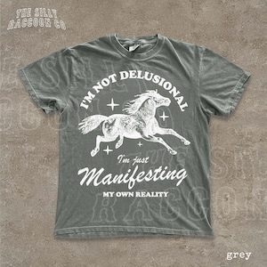 A grey t-shirt with a graphic design depicting a horse in mid-gallop and the text "I'm not delusional, I'm just Manifesting, MY OWN REALITY" printed on it.