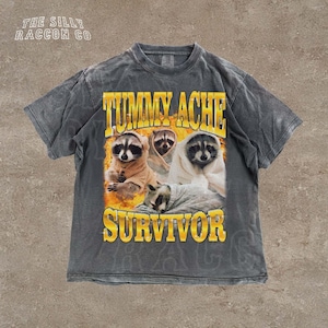 Tummy Ache Survivor Shirt, Funny Raccoon Meme Tee, Vintage Y2K Graphic T-Shirt for Men Women, Gag Gift for Friend with Stomach Issues
