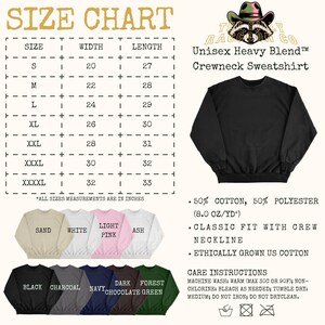 The image is a size chart for a crew neck sweatshirt, including various sizes and corresponding measurements. It also displays a selection of crew neck sweatshirts in different colors and styles, along with care instructions for washing and drying.