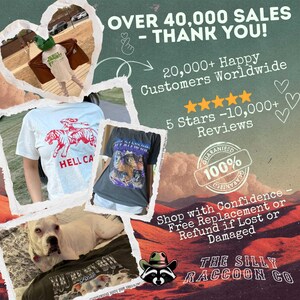 The image is an advertisement for a clothing brand, featuring various images of clothing items such as t-shirts and a dog. The text in the image includes "Over 40,000 sales - Thank you!", "20,000+ Happy Customers Worldwide", "5 Stars - 10,000+ Reviews", "Guaranteed 100% Open to Refund if Lost or Damaged", and "Shop with Confidence - Free Replacement or Refund if Lost or Damaged".