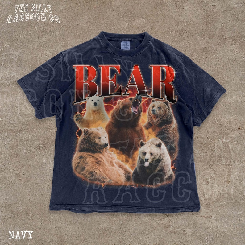 A navy blue t-shirt with a graphic design featuring a group of bears in various poses, including one with its mouth open and another with its head tilted back.