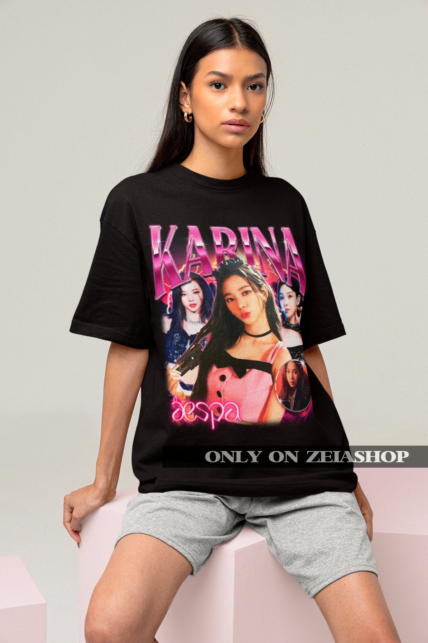 aespa カリナ　ビンテージ風ブラックTシャツ aespa karina カリナ Tシャツ rap ブラック vintageの通販 by