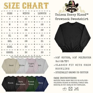 The image is a size chart for a crew neck sweatshirt, including a black crew neck sweatshirt, a crew neck sweatshirt in a lighter color, and a crew neck sweatshirt in a darker color. The chart provides measurements for different sizes, such as S, M, L, XL, XXL, and XXXL, and lists the corresponding crew neck sweatshirt styles.