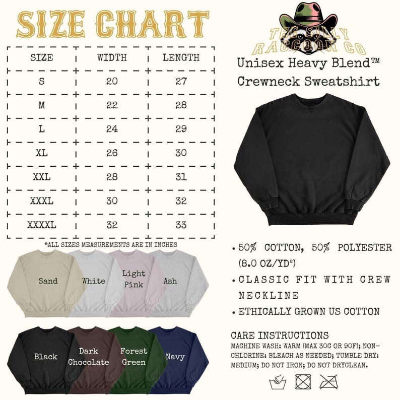 The image is a size chart for a crew neck sweatshirt, including a black crew neck sweatshirt, a crew neck sweatshirt in a lighter color, and a crew neck sweatshirt in a darker color. The chart provides measurements for different sizes, such as S, M, L, XL, XXL, and XXXL, and lists the corresponding crew neck sweatshirt styles.
