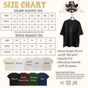 The image is a size chart for a t-shirt, providing measurements and corresponding t-shirt designs for different age groups and weight categories.