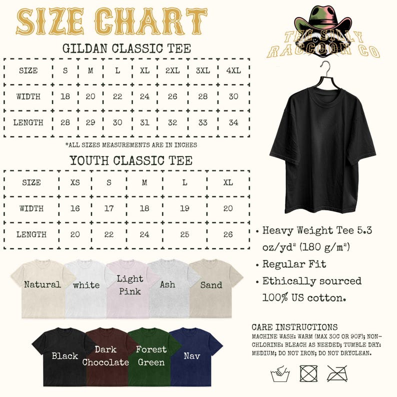 The image is a size chart for a t-shirt, providing measurements and corresponding t-shirt designs for different age groups and weight categories.