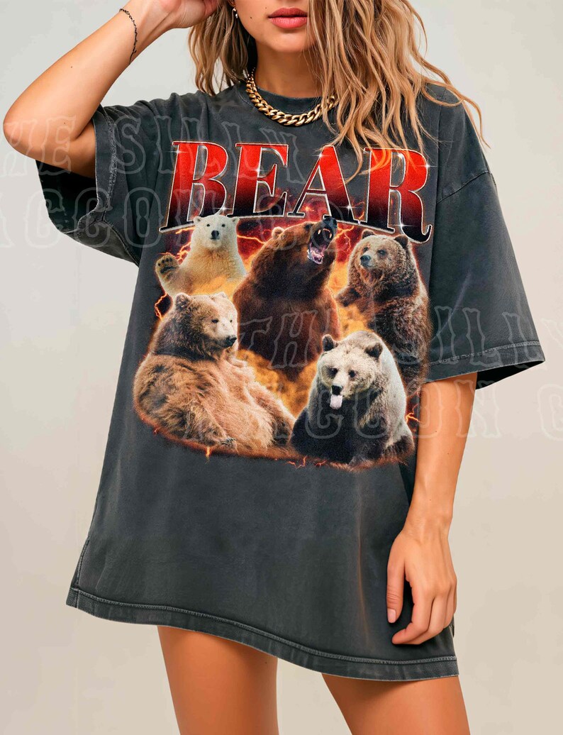 A woman wearing a black t-shirt with a graphic design of multiple bears.