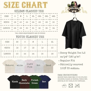 The image is a size chart for a t-shirt, providing measurements and corresponding t-shirt designs for different age groups and weight categories.