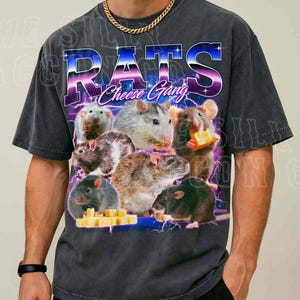 A man wearing a t-shirt with a graphic design featuring a group of rats and cheese.